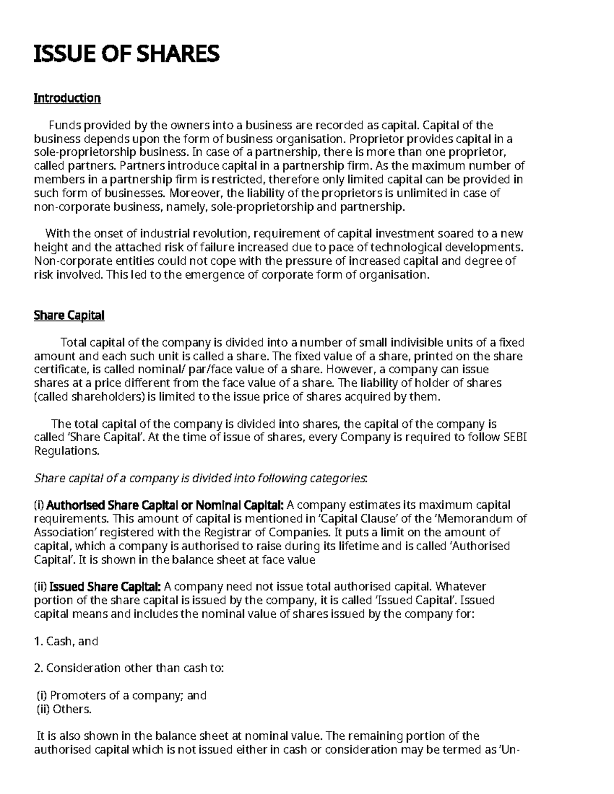 Issue of shares - Lecture Notes Prepared by Rajan Sir - ISSUE OF SHARES ...