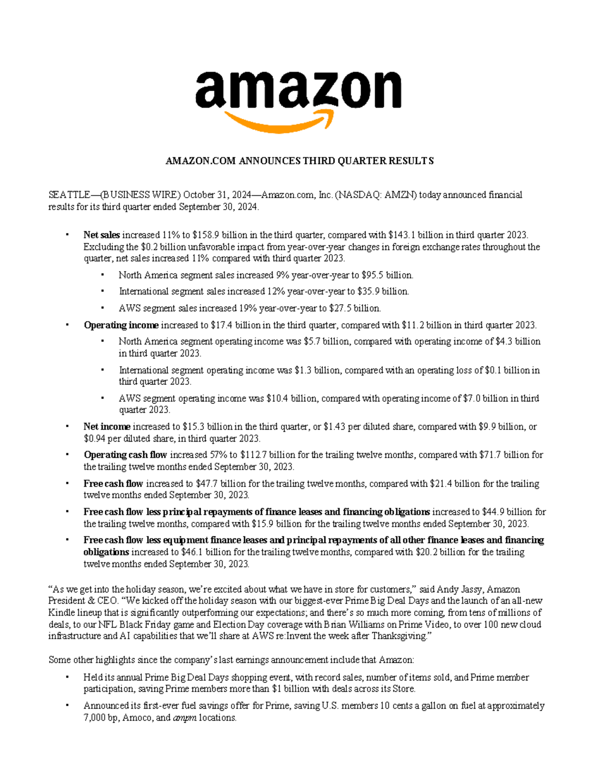 AMZN Q3 2024 Financial Results Highlights and Analysis - Studocu