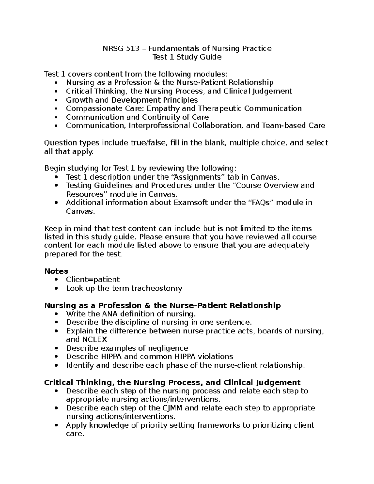 N513 Fundamentals of Nursing Practice Test 1 Study Guide - Studocu