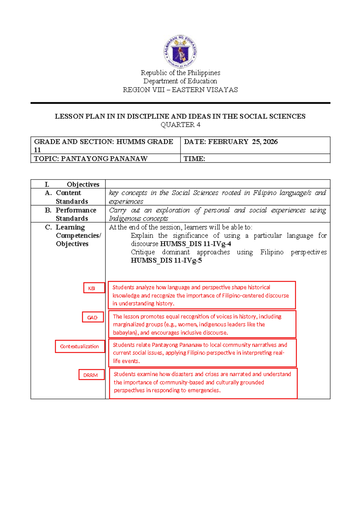 HUMSS_DIS Lesson Plan: Pantayong Pananaw for Grade 11 - Studocu