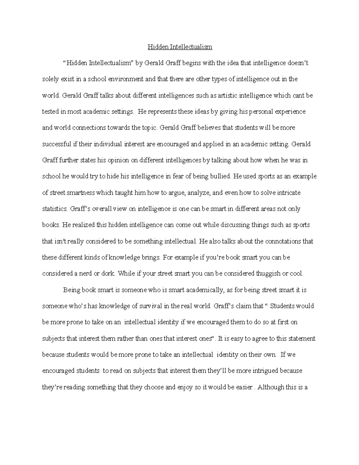 Summary and Response to Hidden Intellectualism (ENG 101) - Studocu