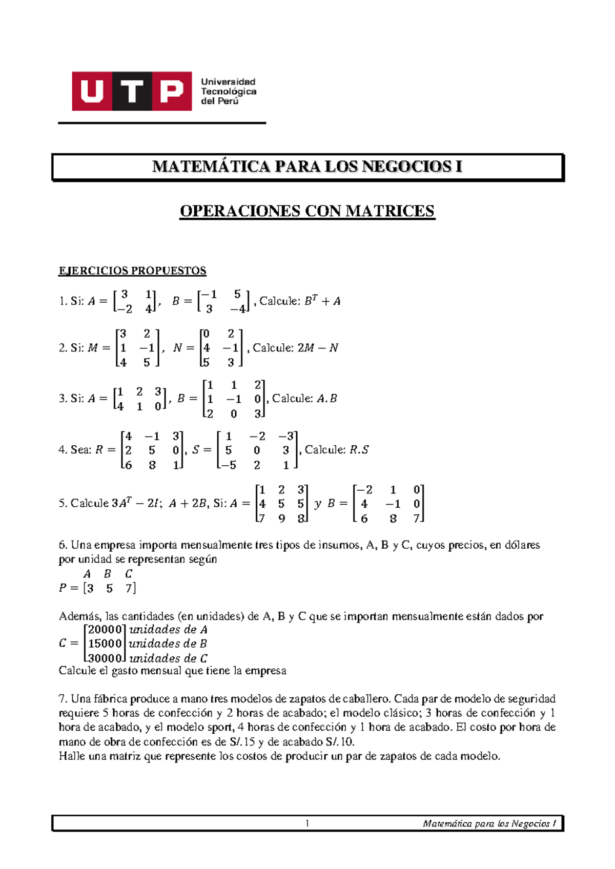 S10 s1 - Operaciones y Ejercicios con Matrices para Matemáticas I - Studocu