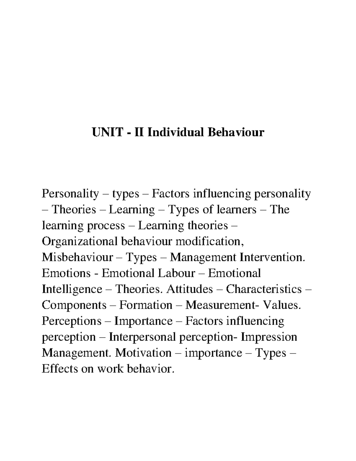 UNIT II: Understanding Individual Behavior and Personality Factors in - Document Preview