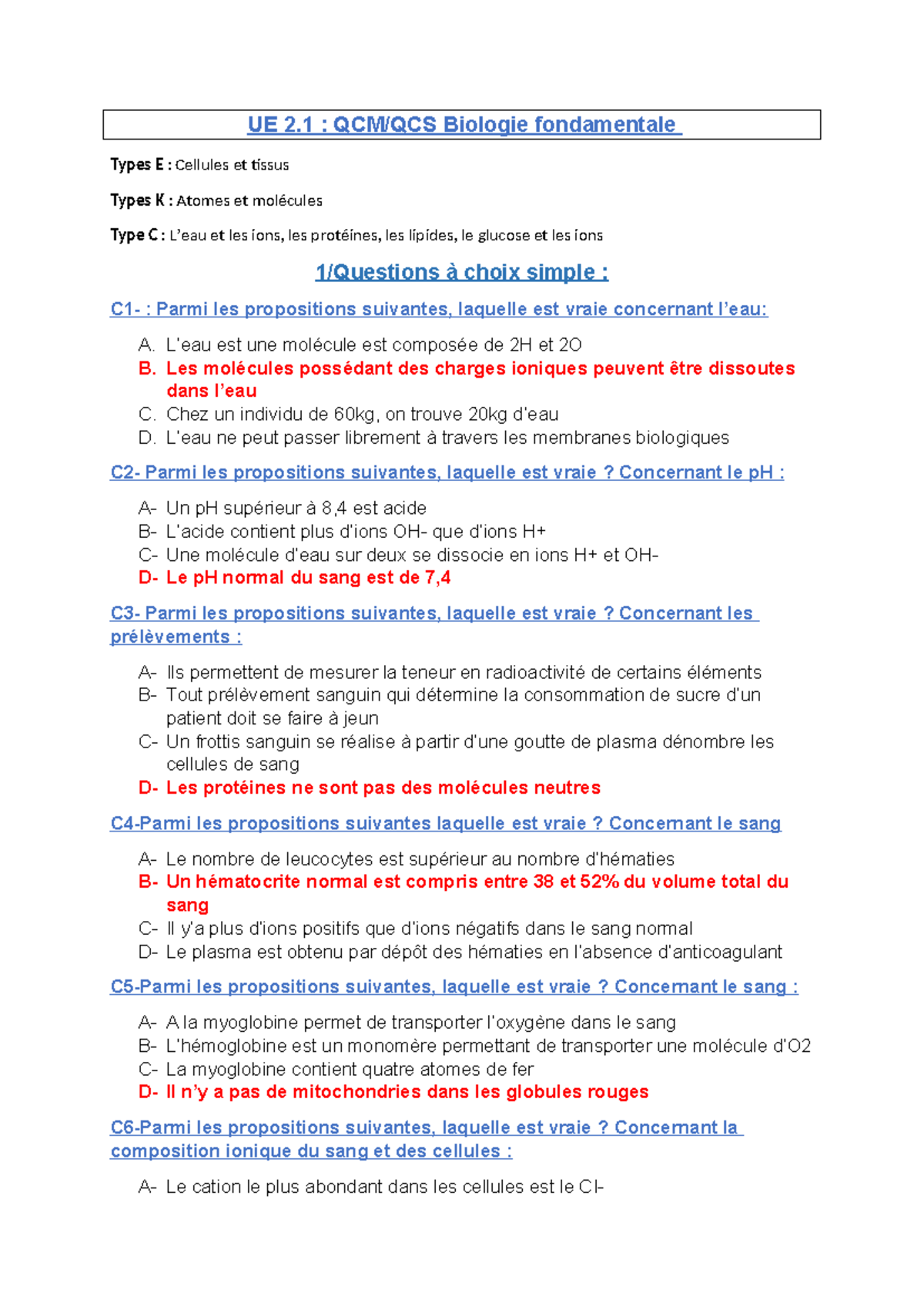 QCM Bio - Qcm - UE 2 : QCM/QCS Biologie fondamentale Types E : Cellules ...