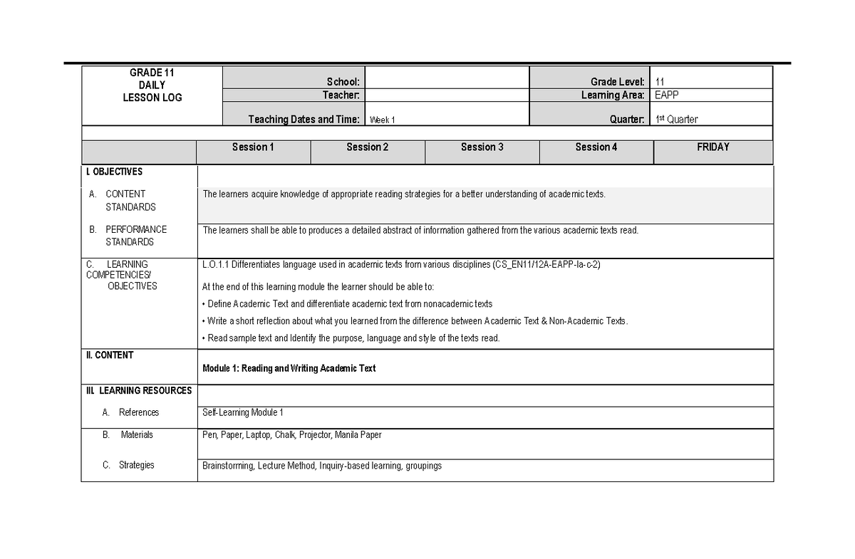 EAPP 11 Daily Lesson Log: Academic Texts & Writing Techniques - Studocu