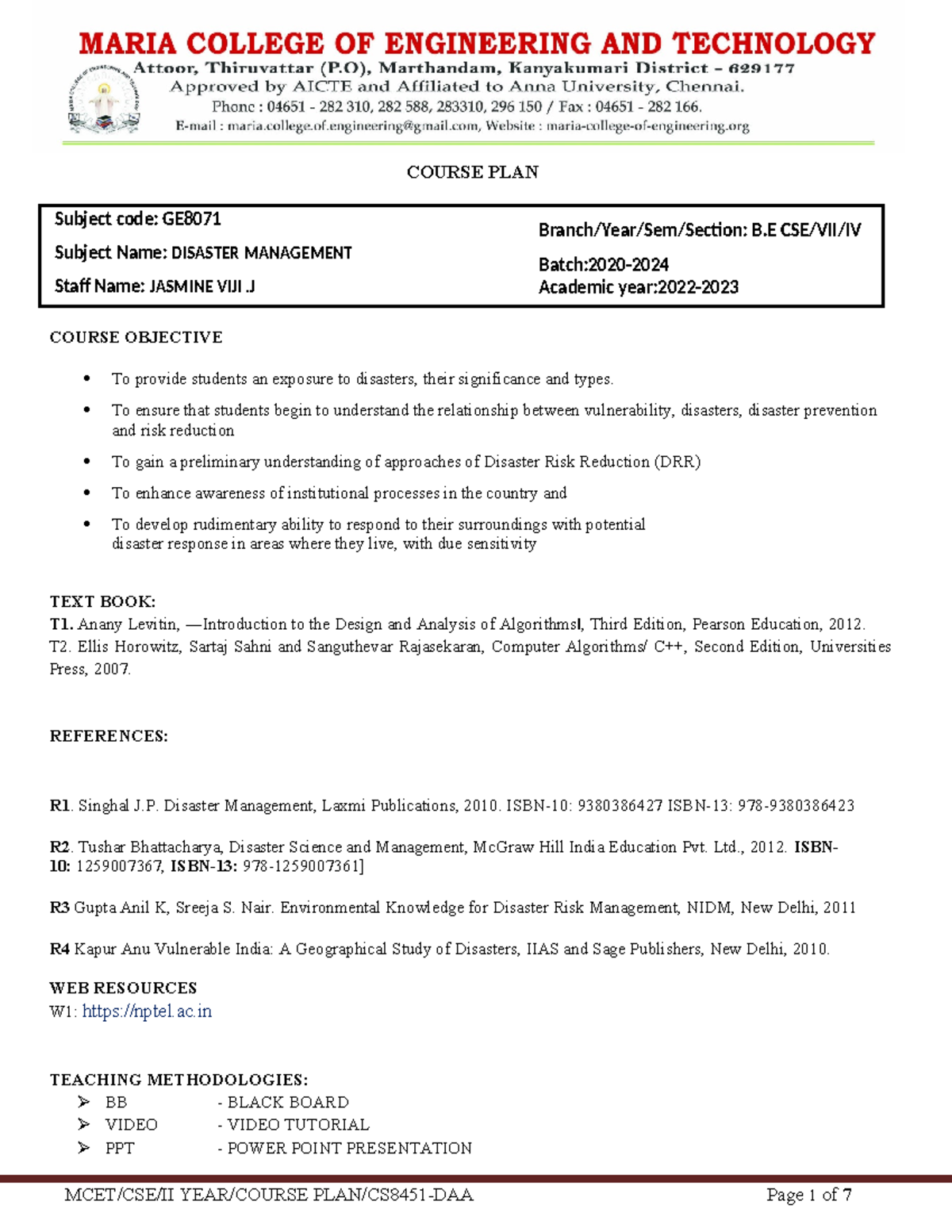 COURSE PLAN GE8071: DISASTER MANAGEMENT Overview and Learning ...