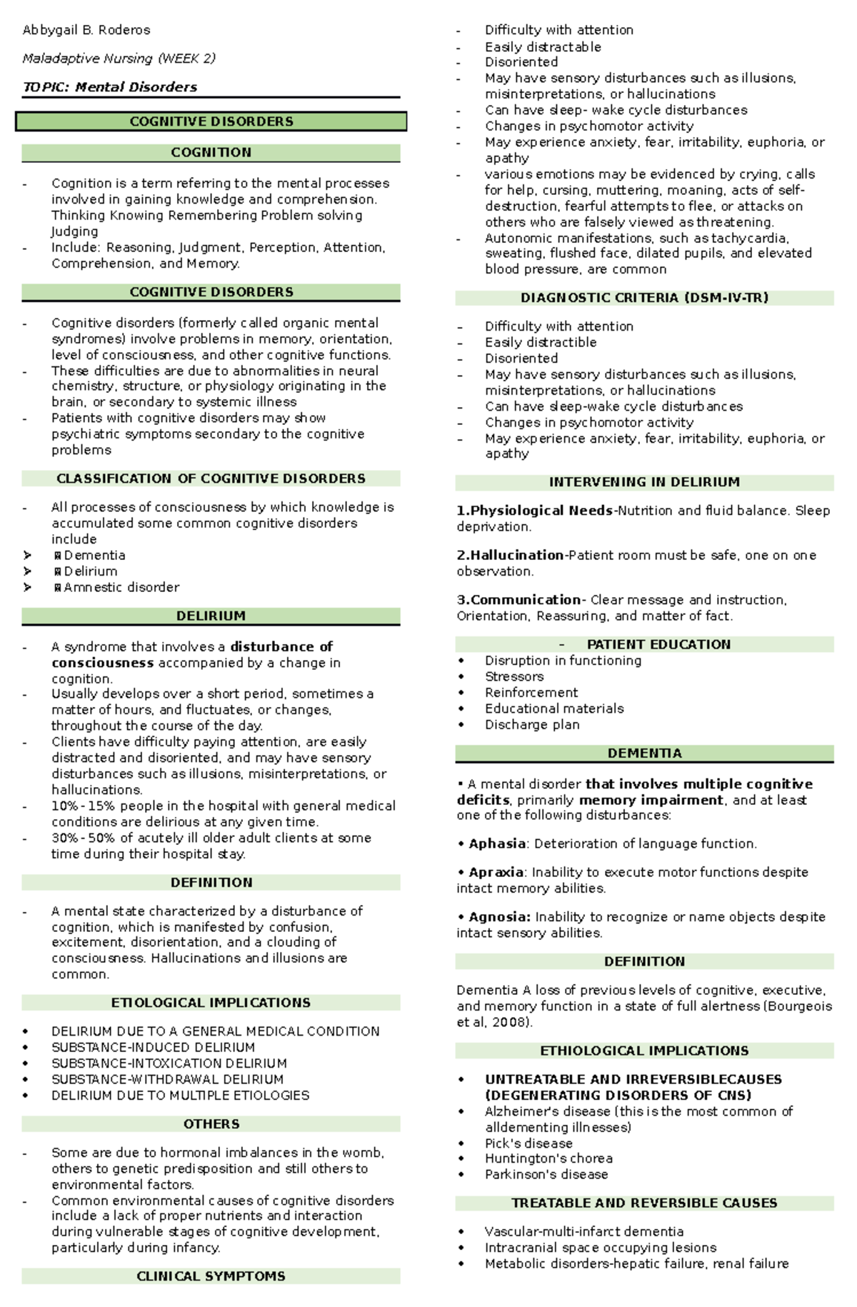 WEEK-2- Psych - Notes - Abbygail B. Roderos Maladaptive Nursing (WEEK 2 ...