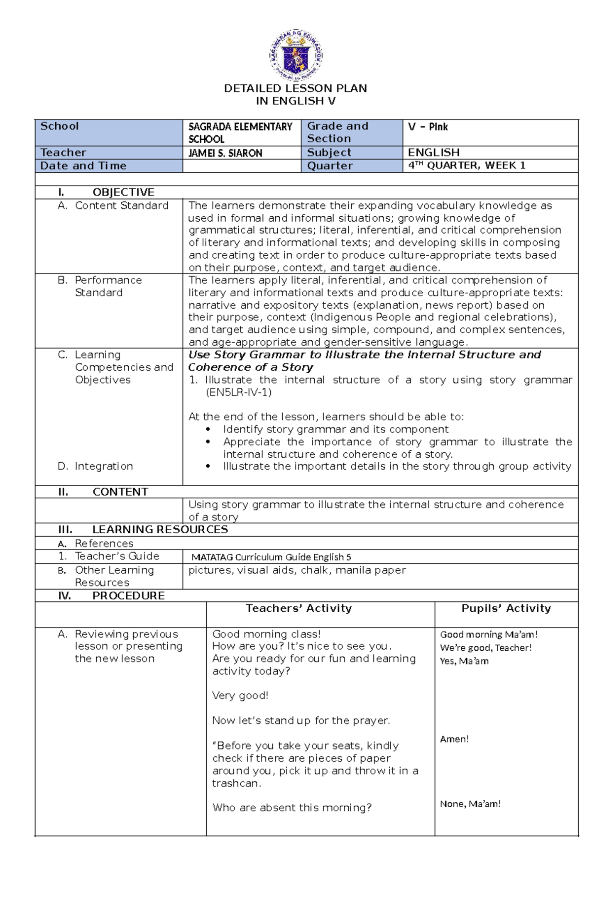 DLP IN ENGLISH 5: 4TH QUARTER, WEEK 1 LESSON PLAN - Studocu