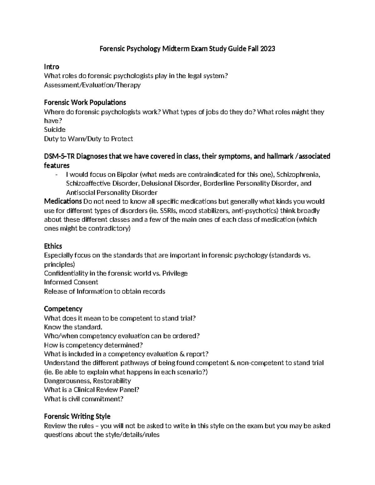 Forensic Psychology Midterm Exam Study Guide - Fall 2025 - Studocu