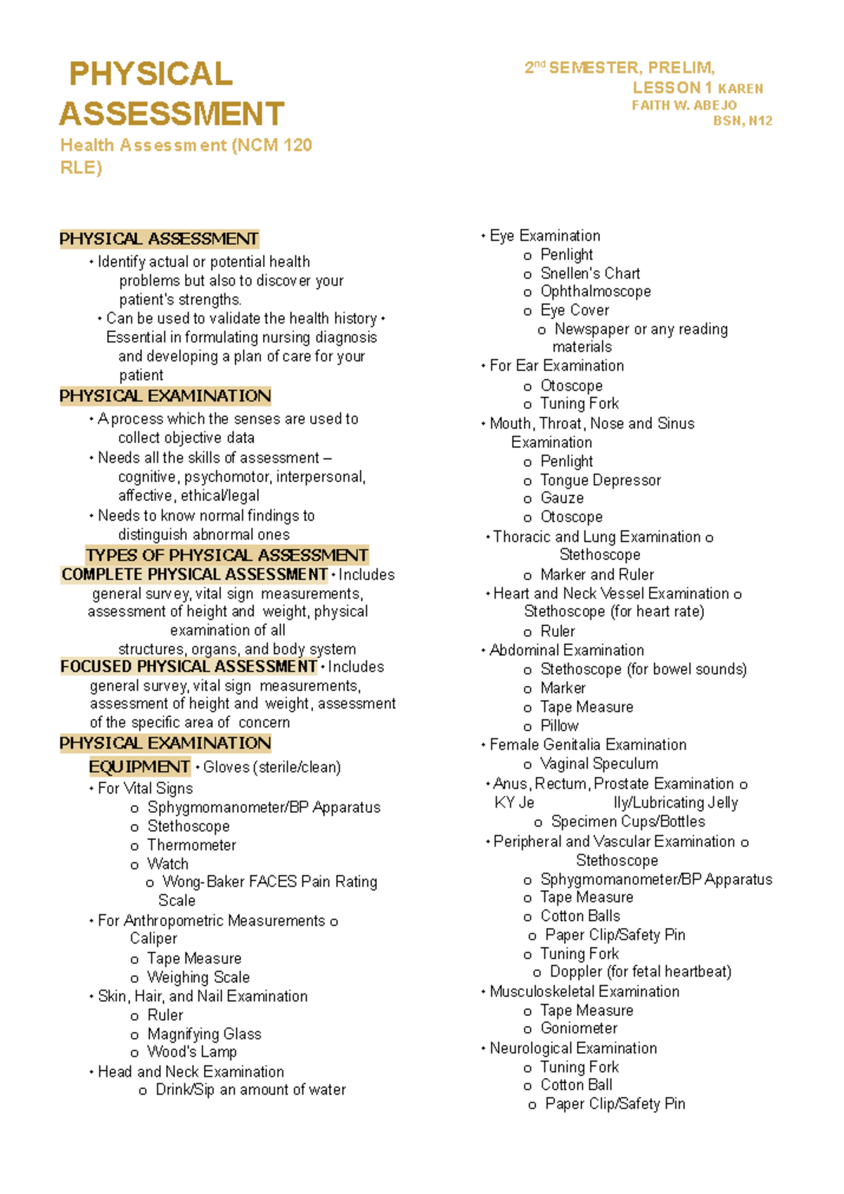 Physical Assessment RLE (NCM 120) - Lesson 1 Notes and Techniques - Studocu