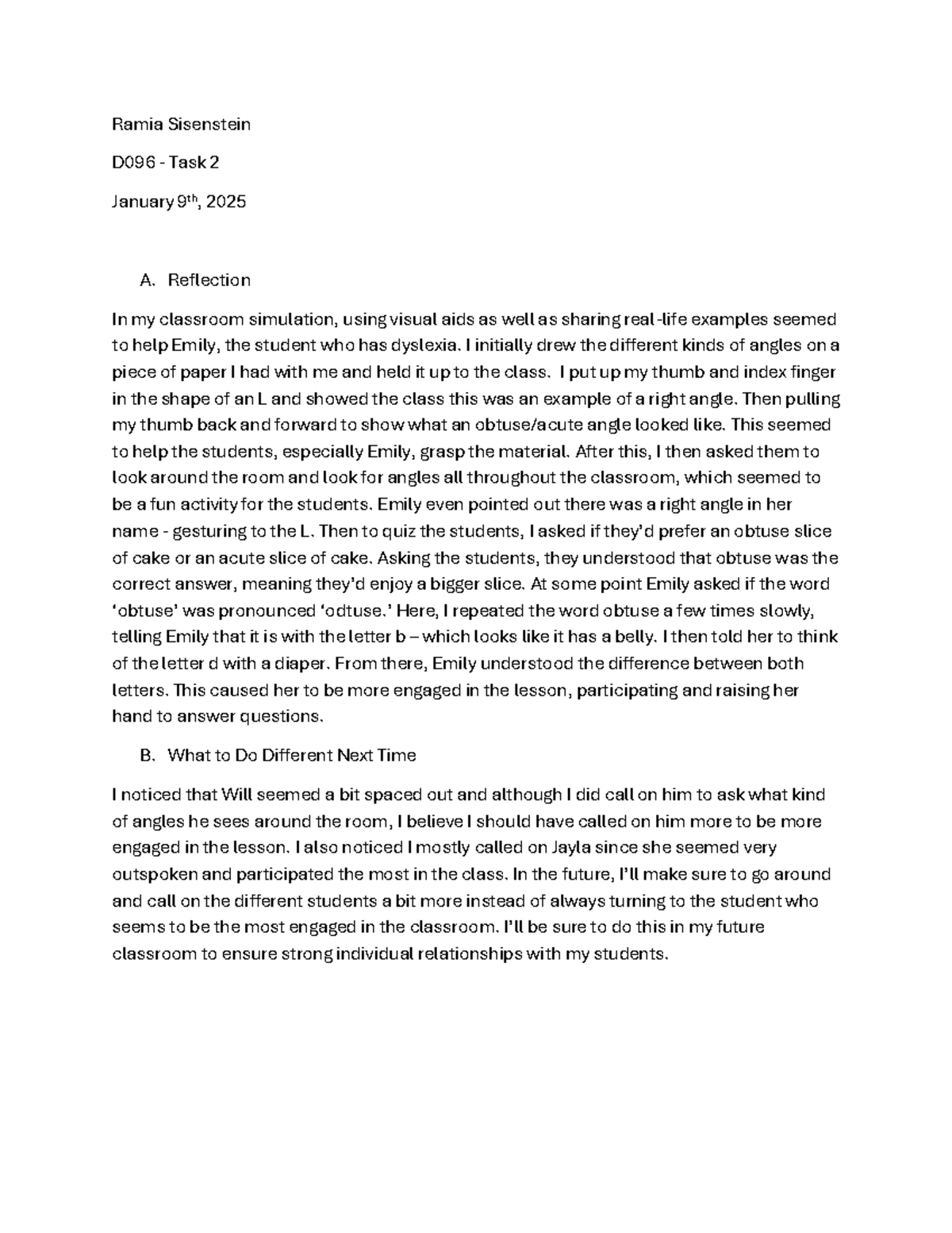 WGU D096 - Task 2 reflection on classroom simulation strategies - Studocu