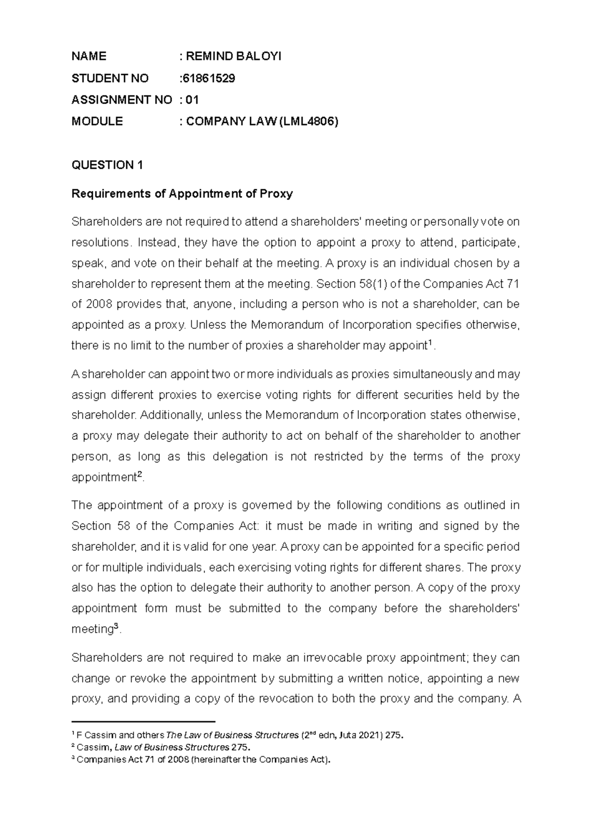 LML4806 Assignment 01: Proxy Appointment Requirements in Company Law ...