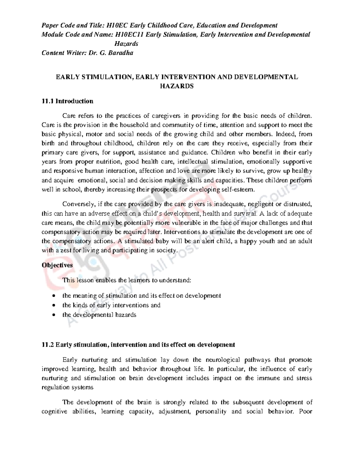 H10EC11 Early Stimulation: Impact on Development and Interventions ...