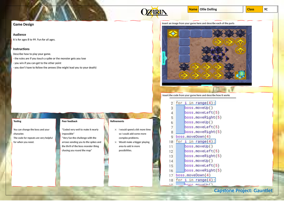 Capstone Project: Game Design for Class 9C - Gauntlet - Studocu