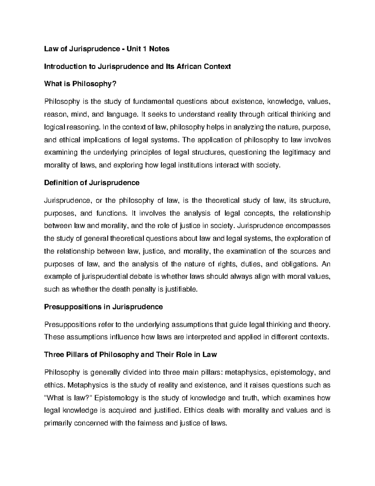 Law of Jurisprudence - Unit 1 & 2 Notes: Philosophy & African Context ...