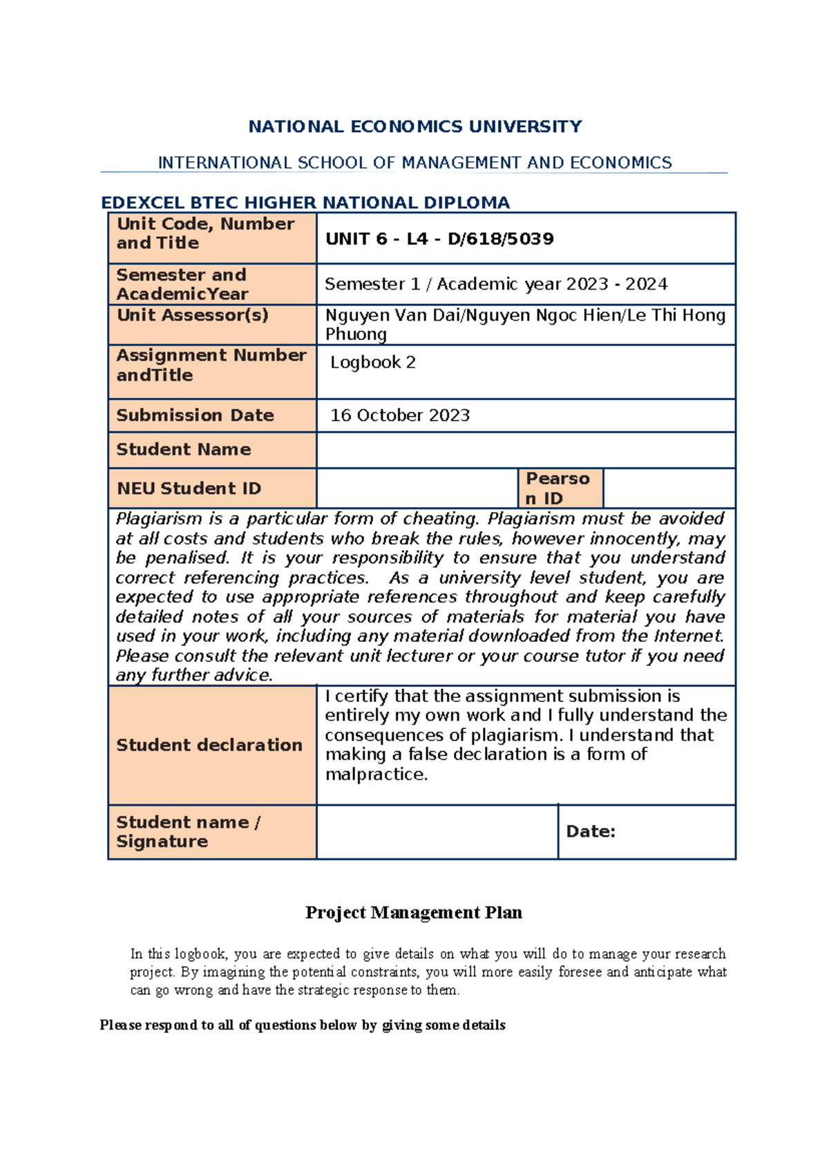 Logbook 2 for PMP - Project Management Plan Details and Strategies ...