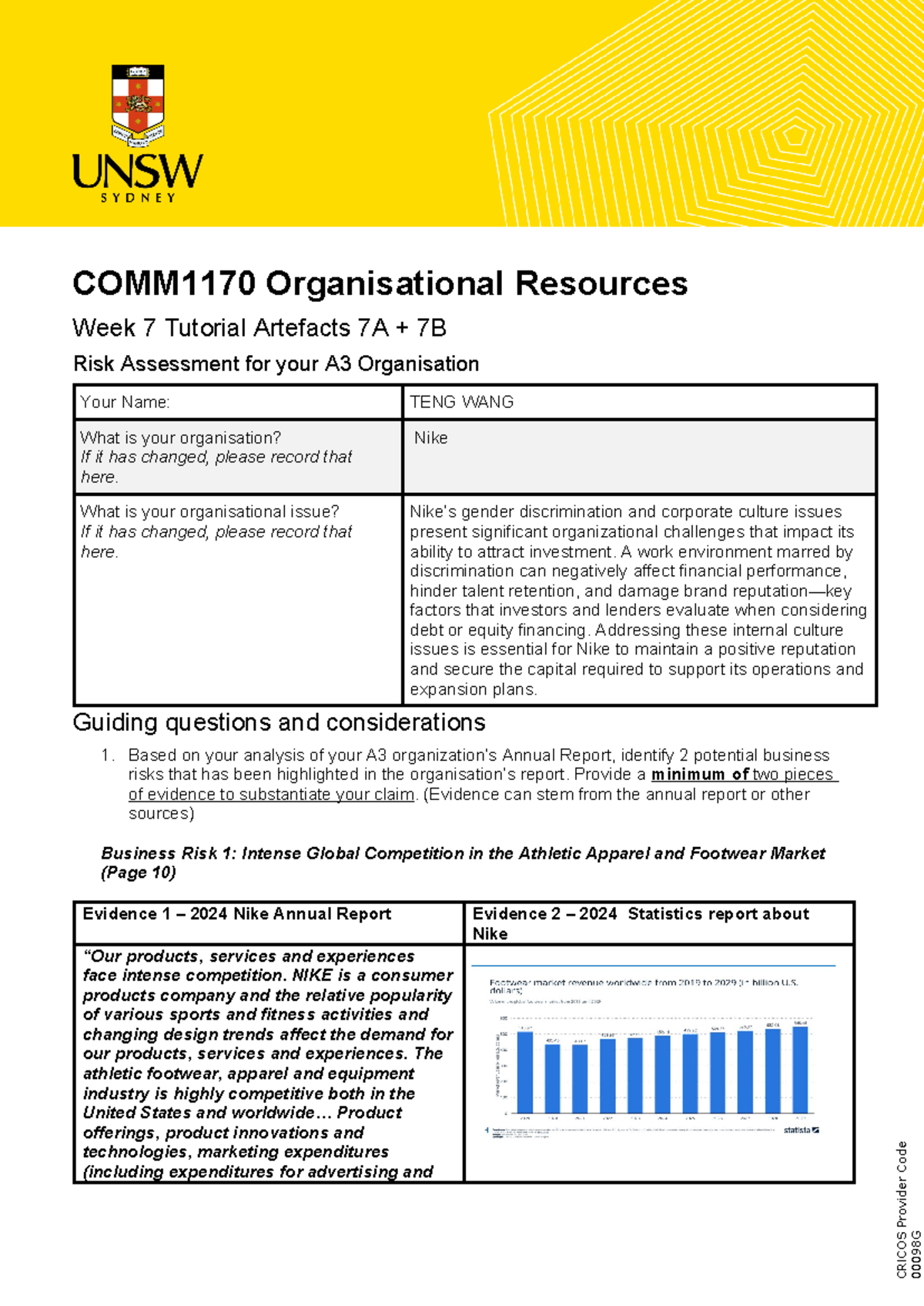 COMM1170 Week 7 Tutorial Artefact: Nike Risk Assessment Analysis - Studocu