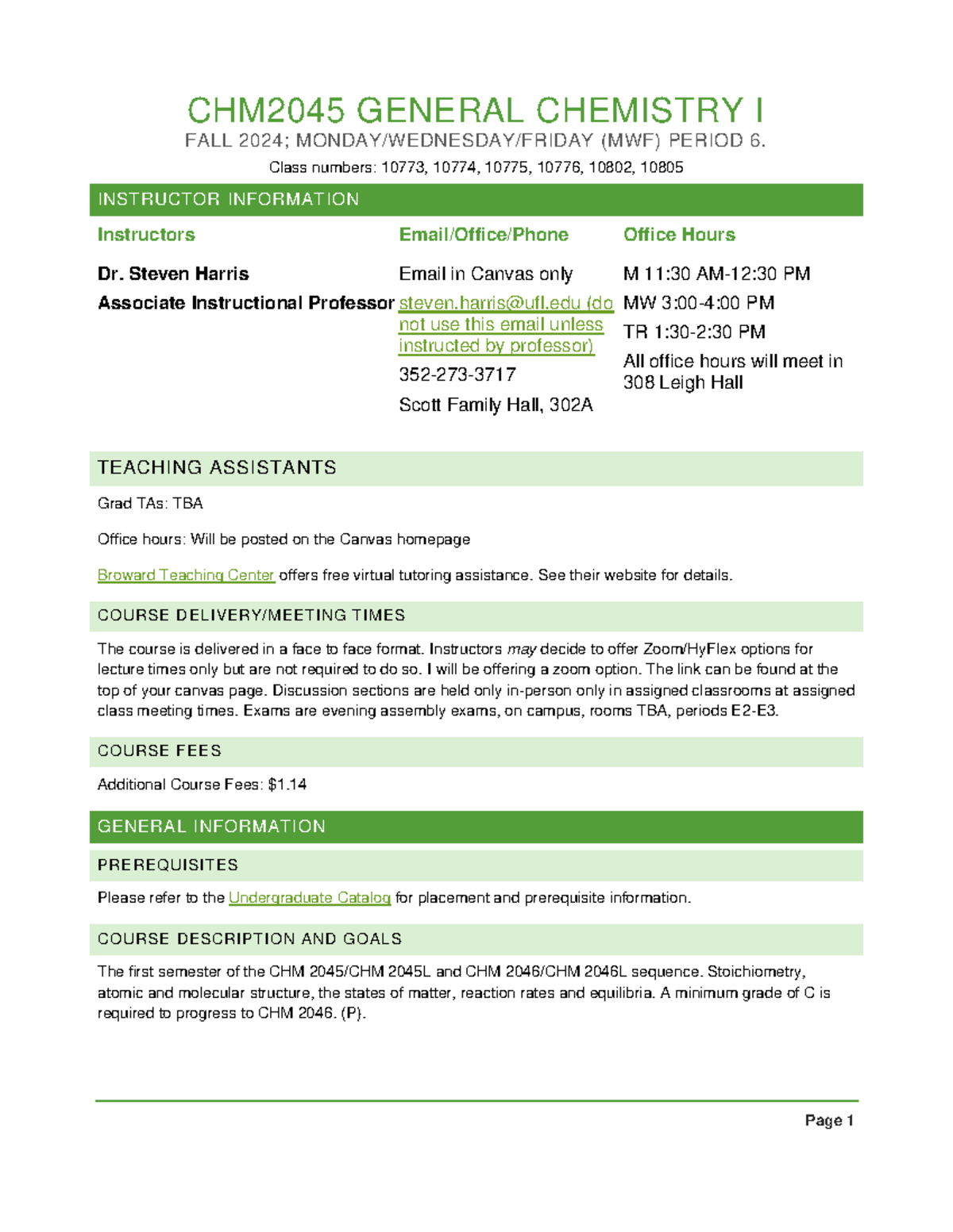CH 1 - SFU Syllabus - CHM 2045 GENERAL CHEMISTRY I FALL 2024 ; MONDAY ...