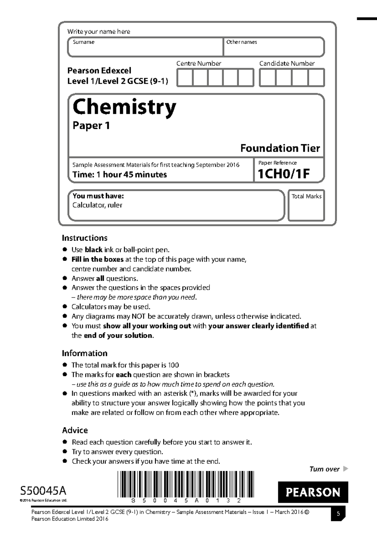 1CH0 Spec QP Paper 1F GCSE Edexcel Chemistry Sample Assessment ...