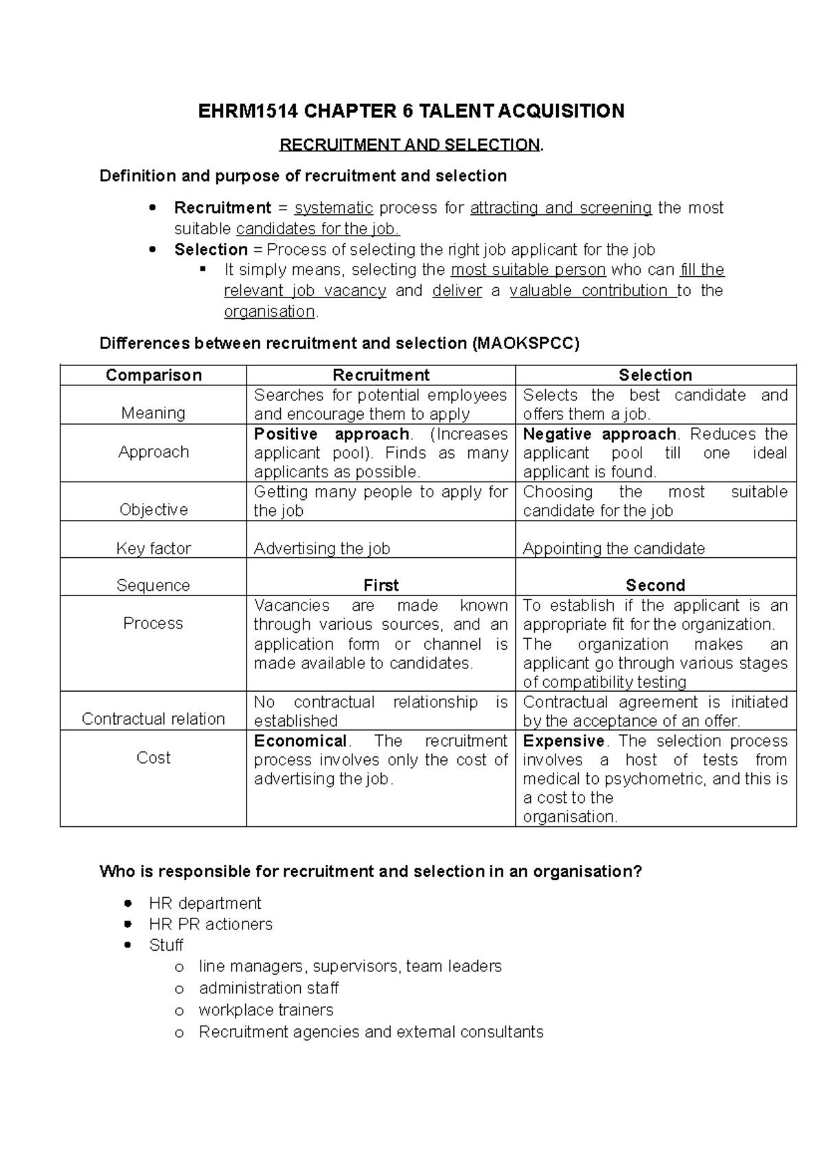 EHRM1514 CHAPTER 6 TALENT ACQUISITION & RECRUITMENT REVISION NOTES ...