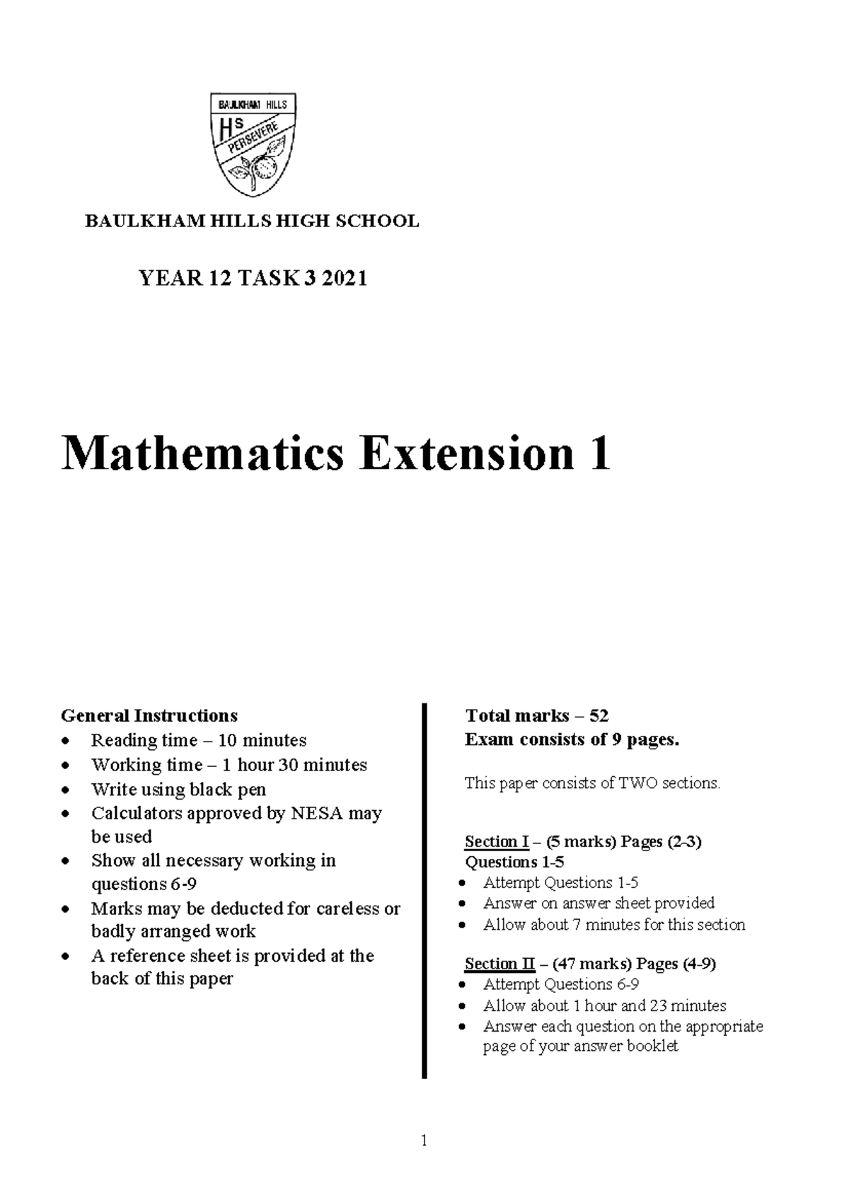 H3 X1 2021 Mathematics Extension 1 Year 12 Task 3 Exam Instructions ...