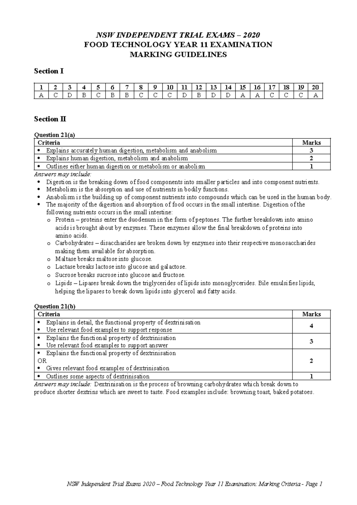 NSW Food Technology Year 11 Trial Exam Marking Guidelines 2020 - Studocu