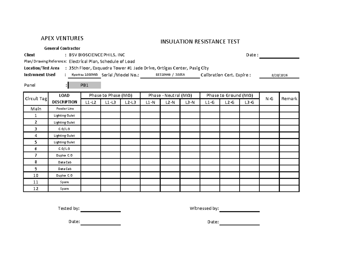 New PB1 Insulation Resistance Testing Report - APEX VENTURES - Studocu