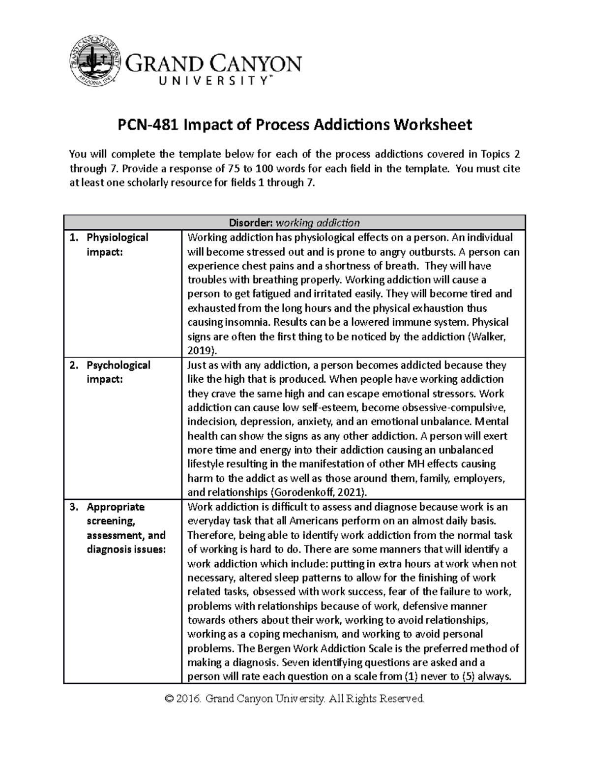 PCN-481 Completed Worksheet on Work Addiction's Impacts - Studocu
