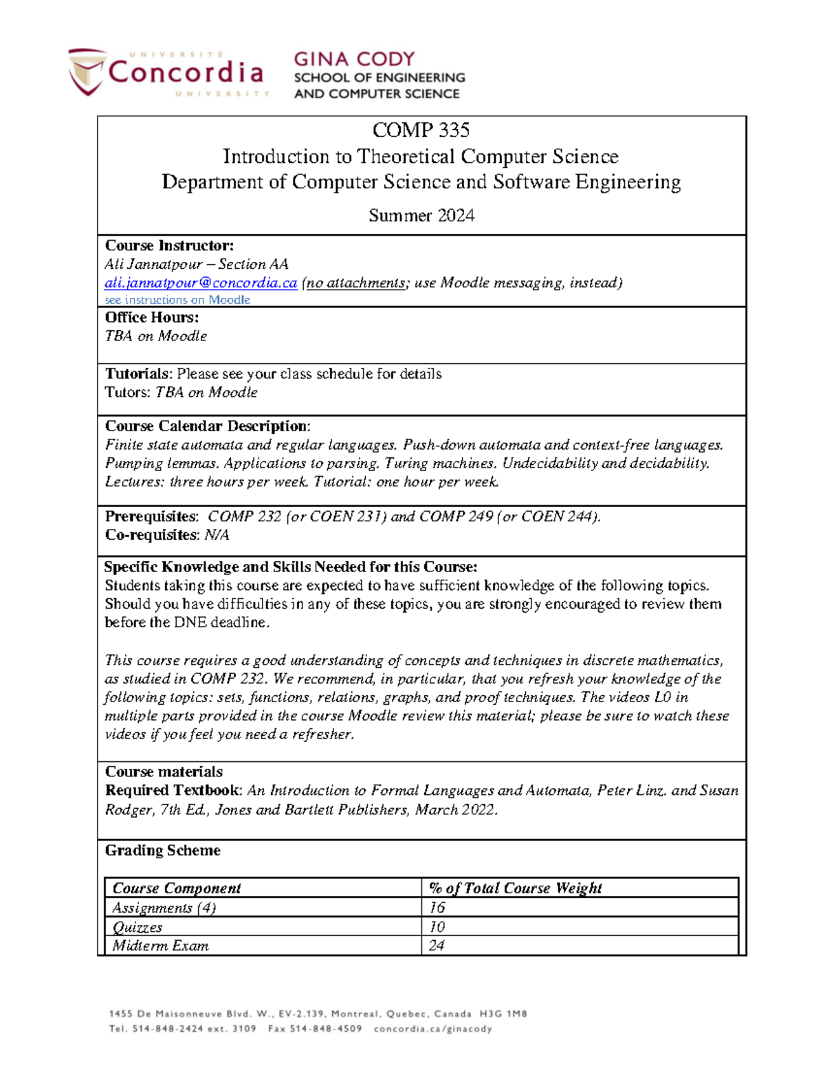 COMP 335 Course Outline - COMP 335 Introduction to Theoretical Computer ...