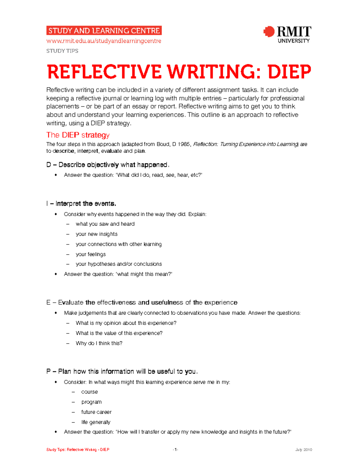 RMIT Reflective Writing: DIEP Strategy Guide for Learning Insights ...