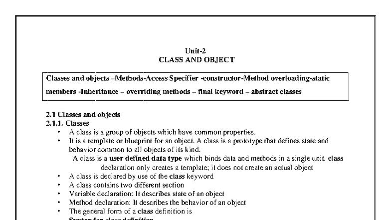 22IT2151 - JAVA - Unit 2: Classes, Objects, and Methods Overview - Studocu