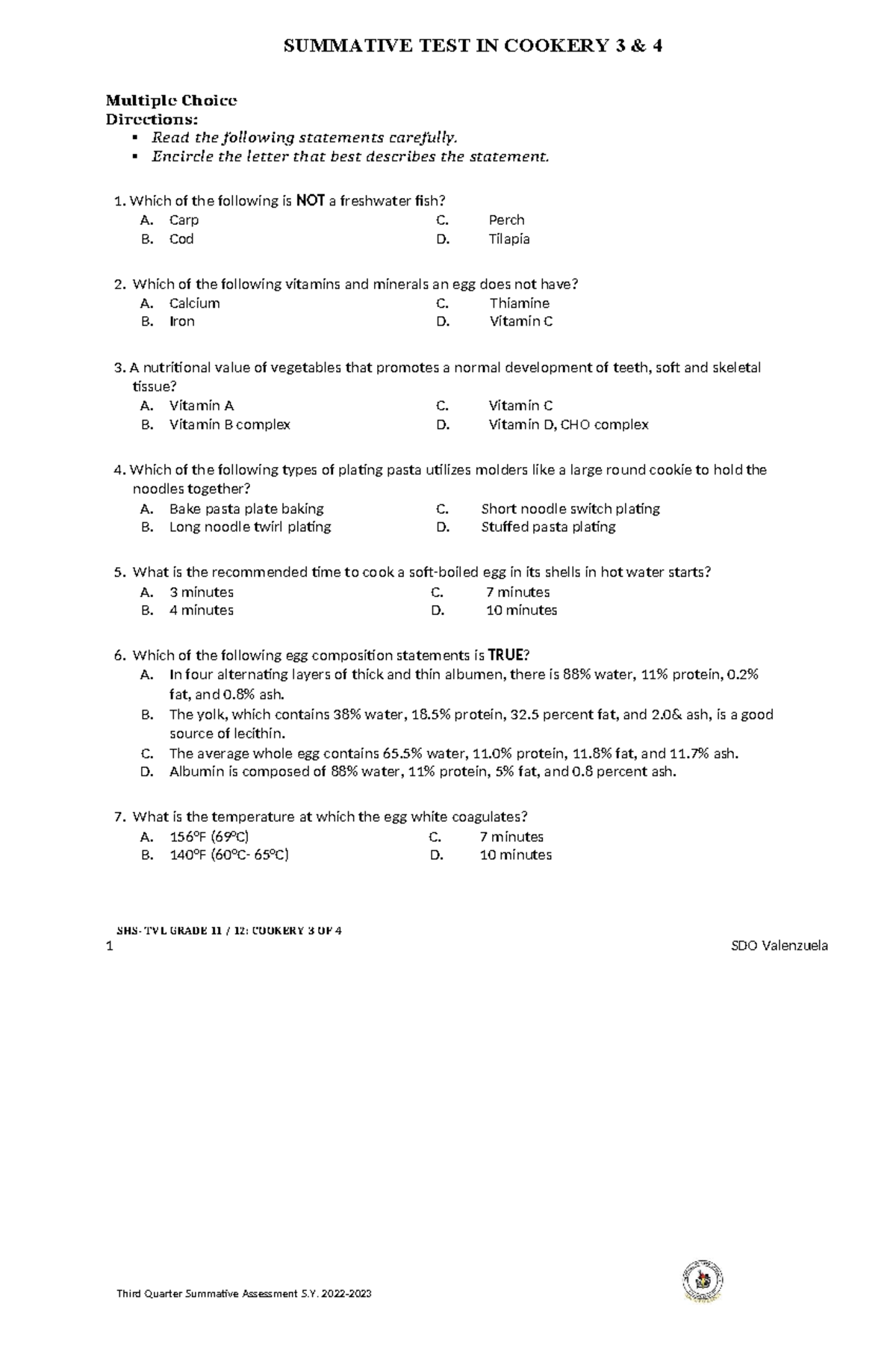 3Q SUMMATIVE TEST IN COOKERY 3 4: MULTIPLE CHOICE QUESTIONS - Studocu