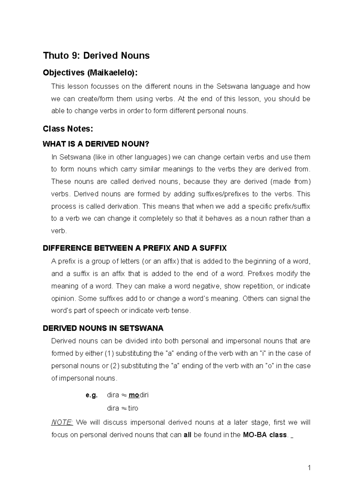 Thuto 9: Derived Nouns in Setswana Language Lesson Notes - Studocu
