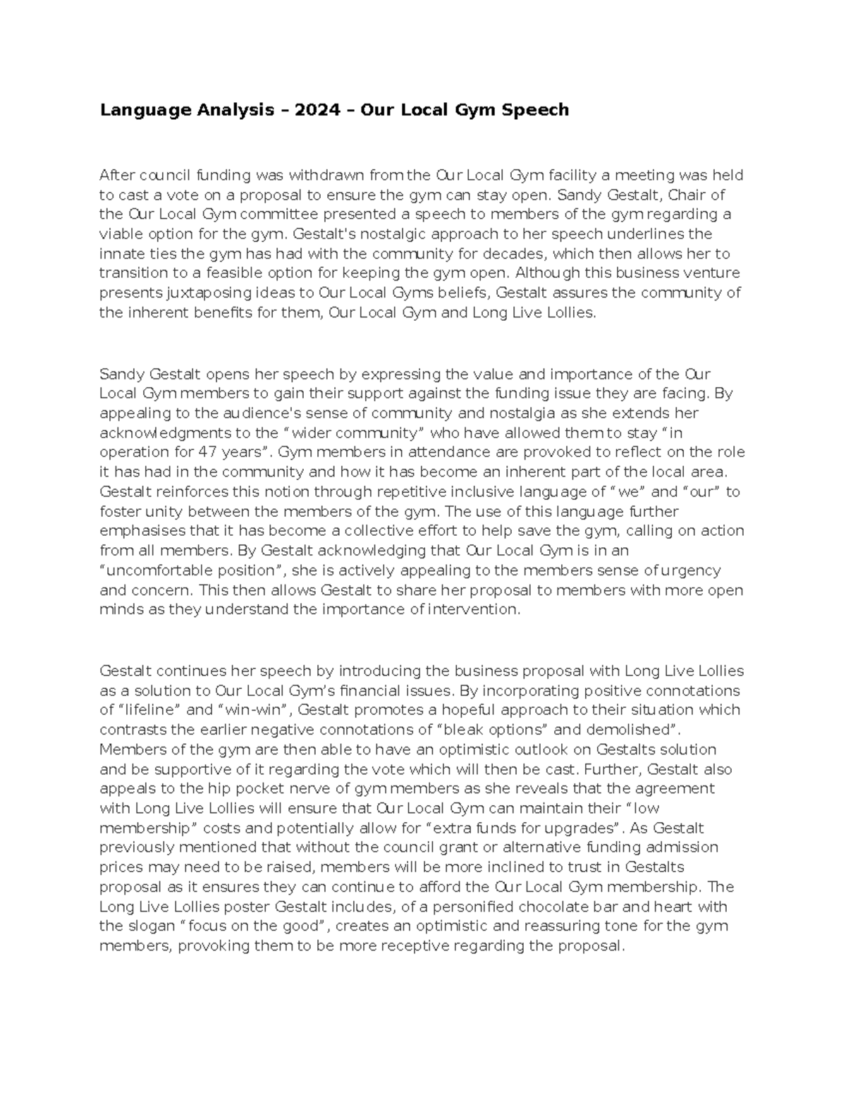 Language Analysis Practice – 2024 Exam: Our Local Gym Speech - Studocu