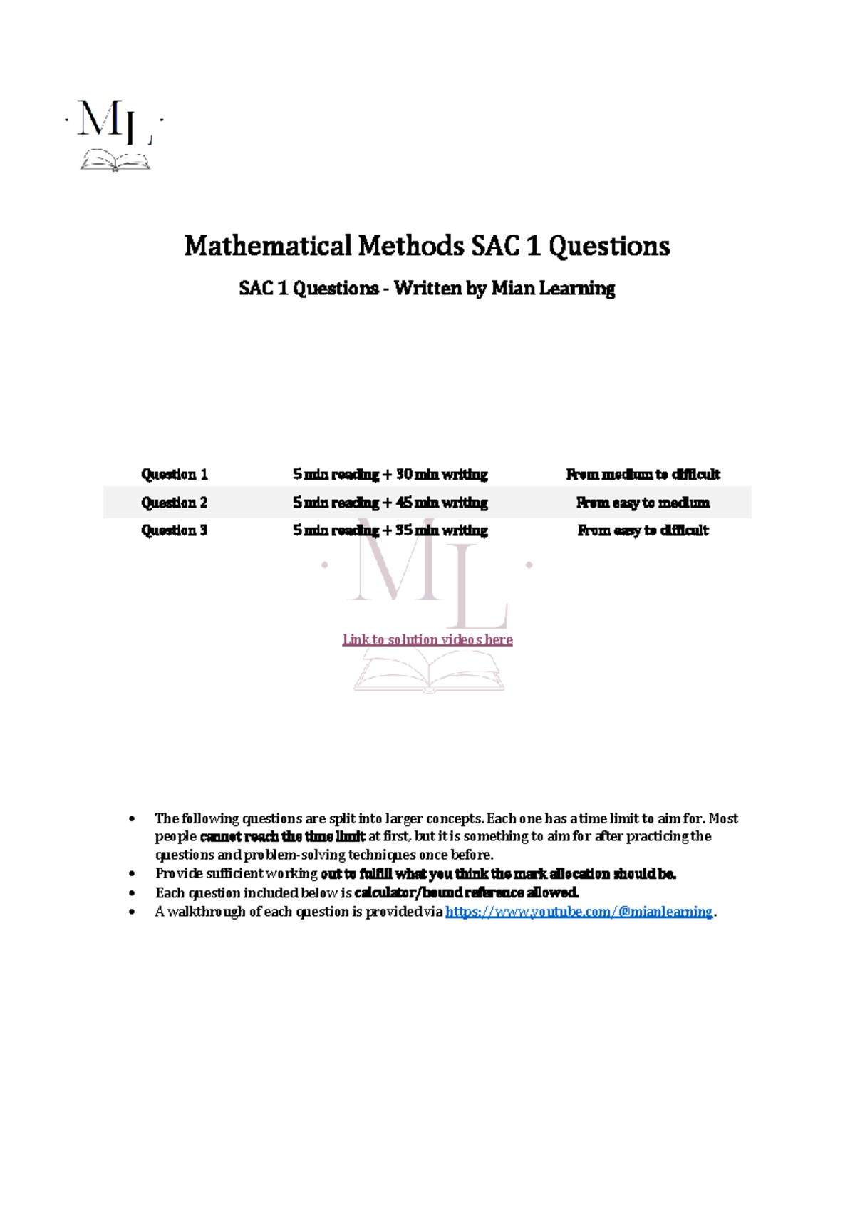 Mathematical Methods SAC 1 Practice Questions and Solutions - Studocu
