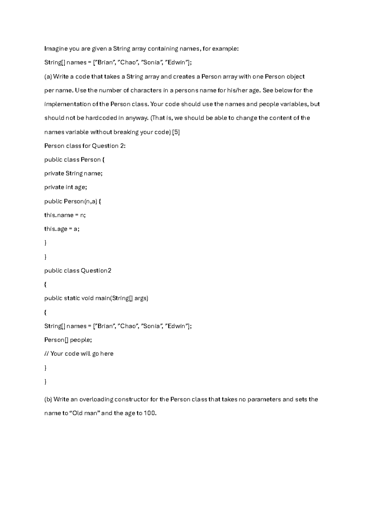 Java Coding Task: Create Person Array from String Names Array - Studocu