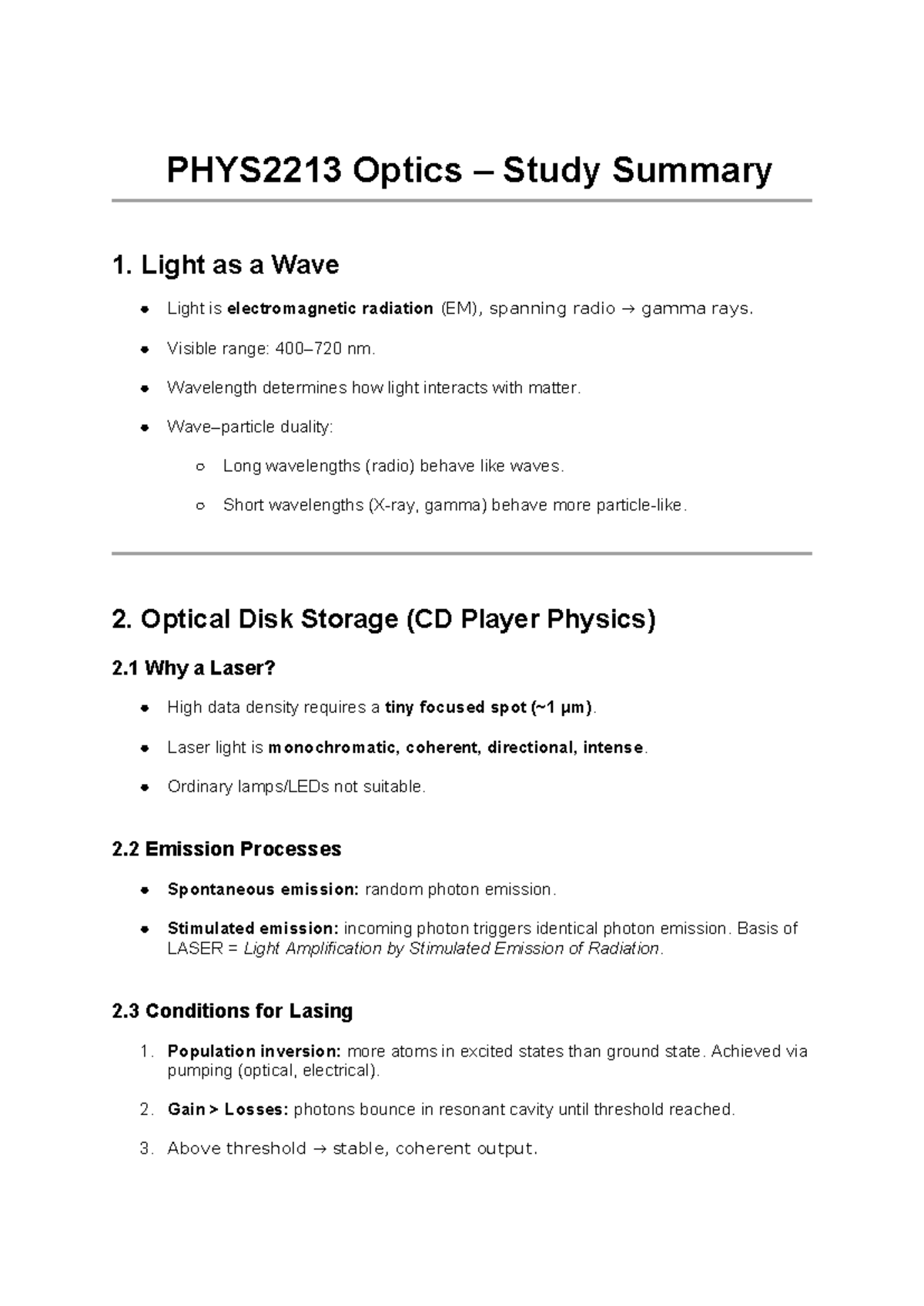 PHYS2213 Final Exam Optics Study Summary and Key Concepts - Studocu