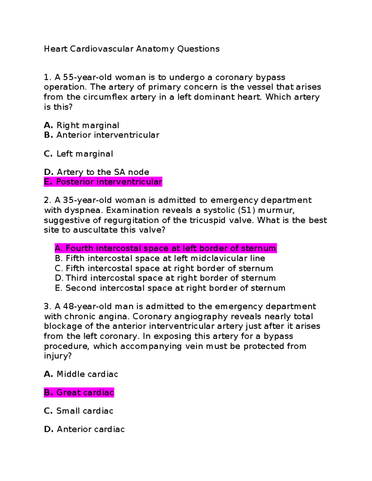 Cardiovascular Anatomy Questions for Exam Preparation - Studocu
