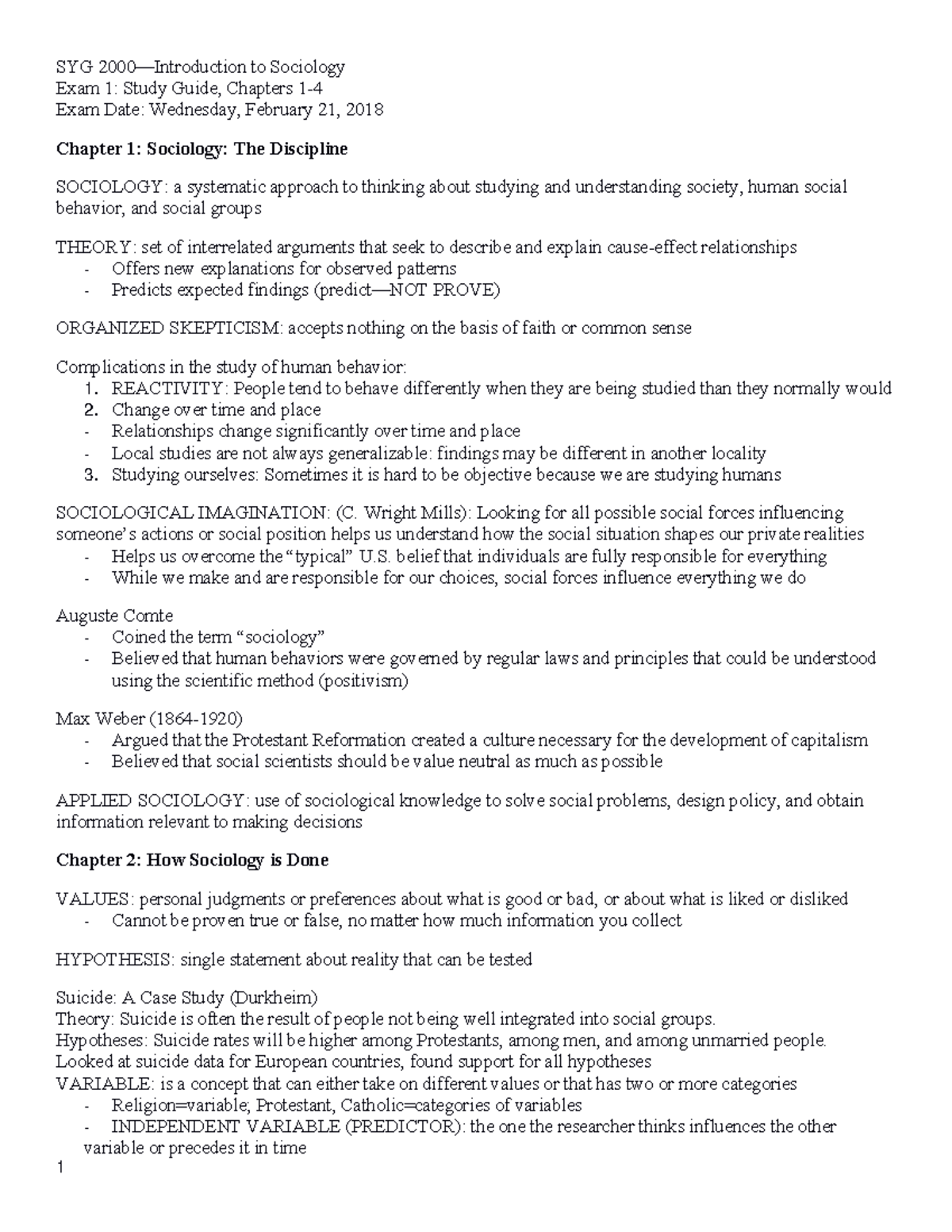 Sociology Test1 Study Guide - SYG to Sociology Exam 1: Study Guide ...