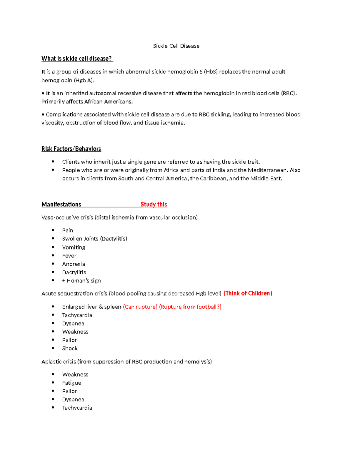 Sickle Cell Disease (SCD) Overview and Management Notes - Studocu