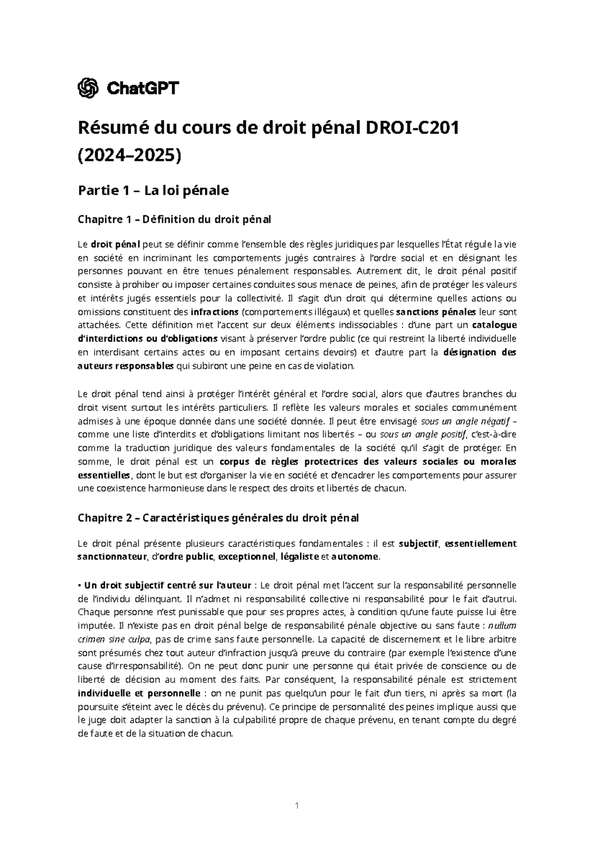 Résumé du cours de droit pénal DROI-C201 (2024-2025) - Partie 1 et 2 ...