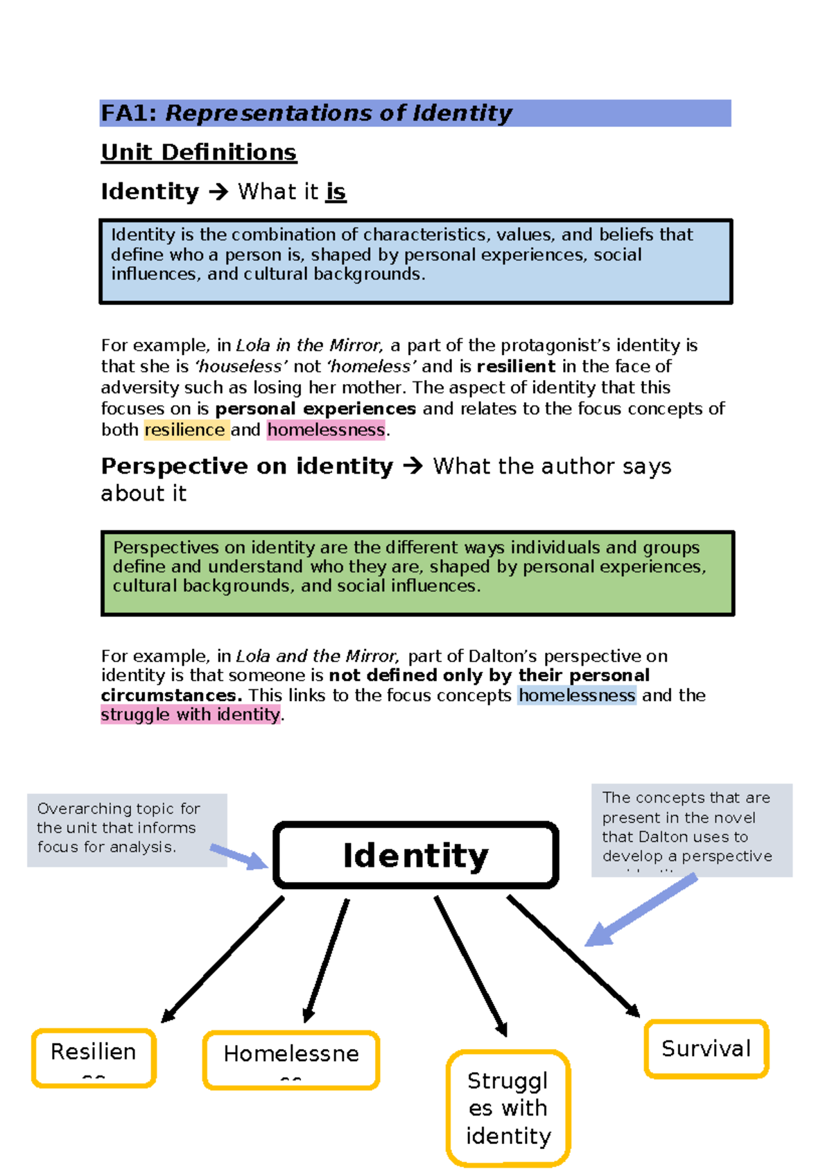 FA1: Definitions of Identity & Perspectives in Lola in the Mirror - Studocu