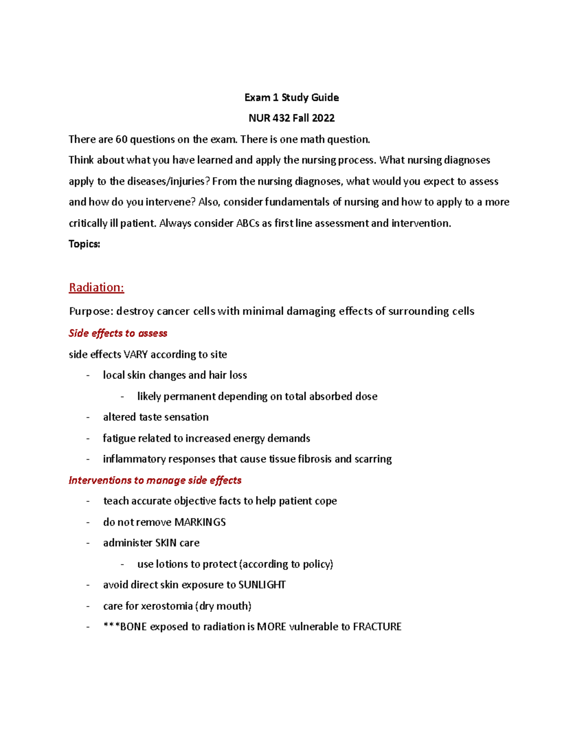 NUR 432 Exam 1 Study Guide - Med Surg III Overview and Key Topics - Studocu