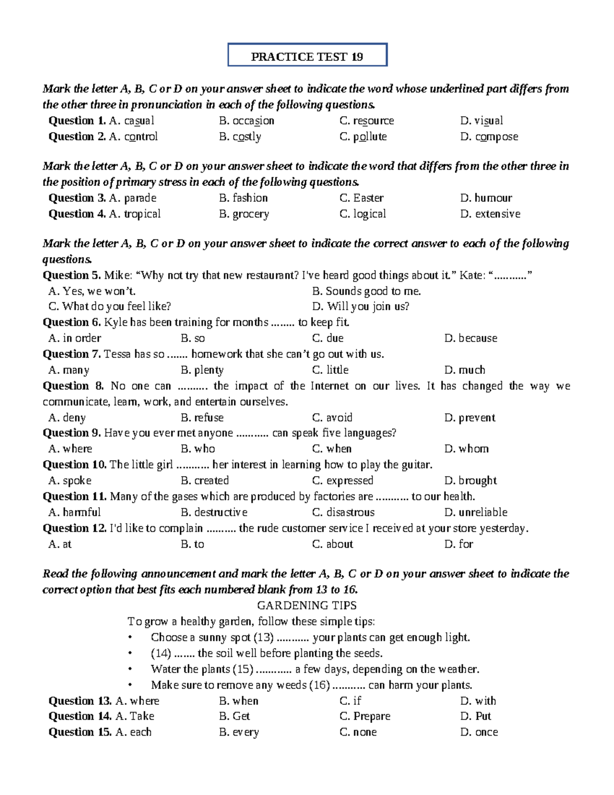PRACTICE TEST 19: Pronunciation and Stress Questions for English Exam ...