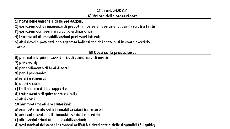 CE - Schema di Conto Economico: Valore e Costi della Produzione - Studocu