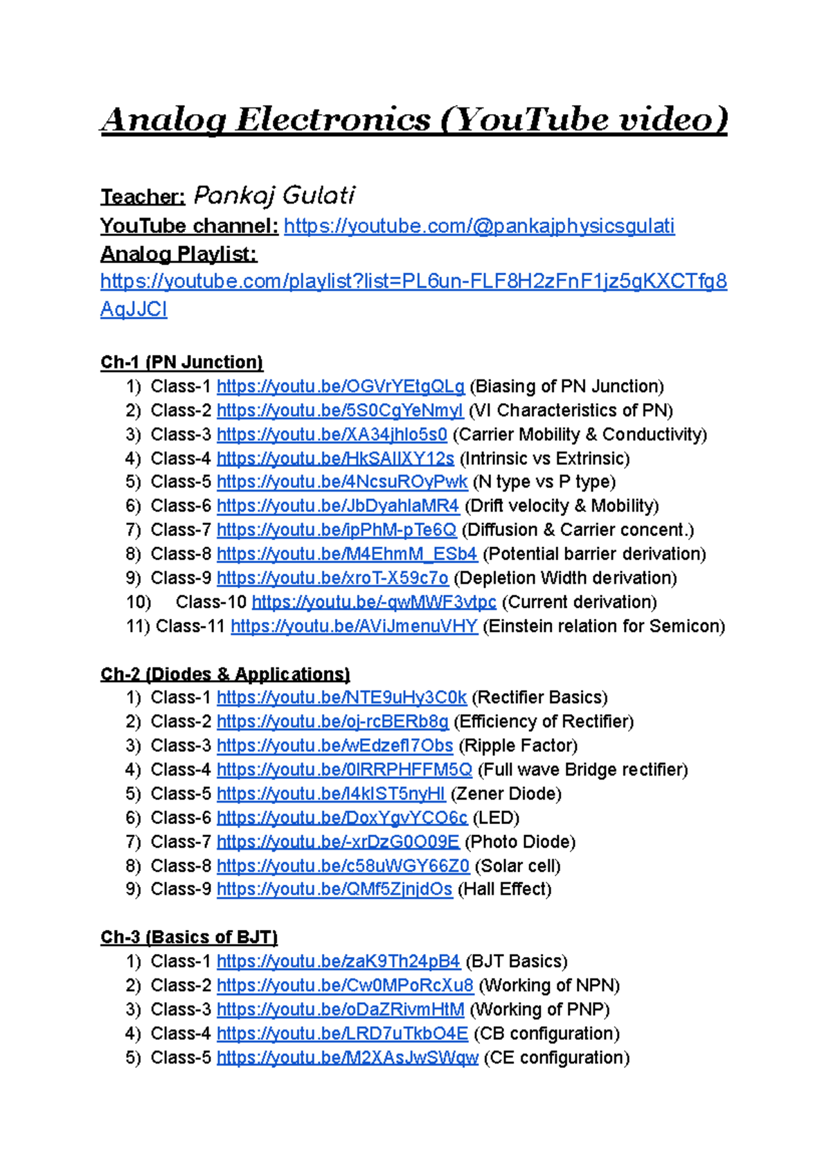 Analog Electronics Lecture Series on YouTube (BSc Physics) - Studocu