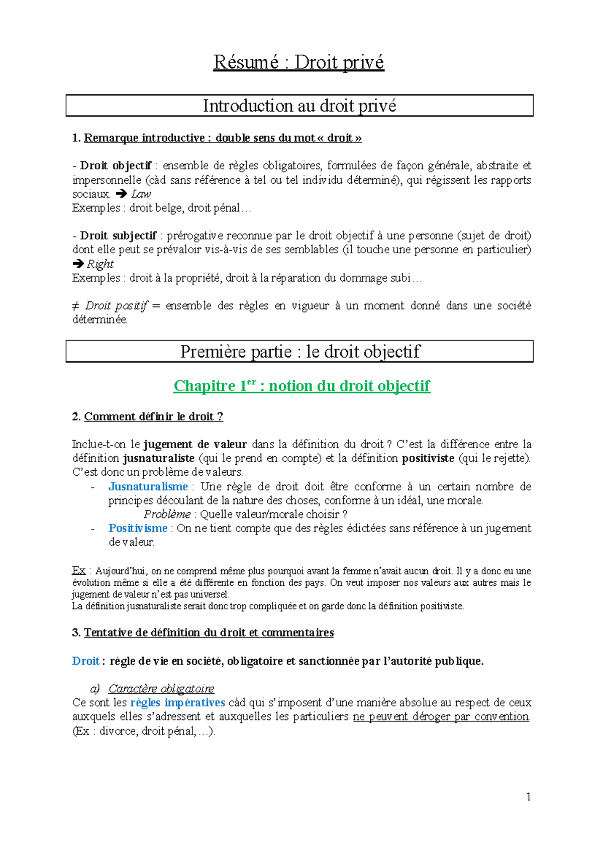 Notes de cours, Cours 1-2 : Introduction au Droit Privé et ses ...