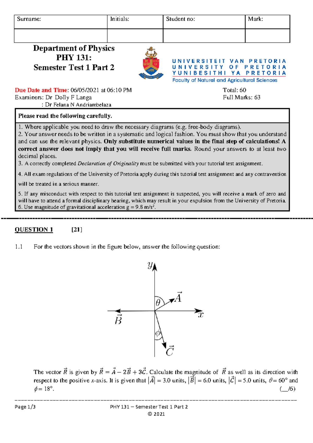 PHY 131 Semester Test 1 Part 2-MEMO-Final - - Studocu