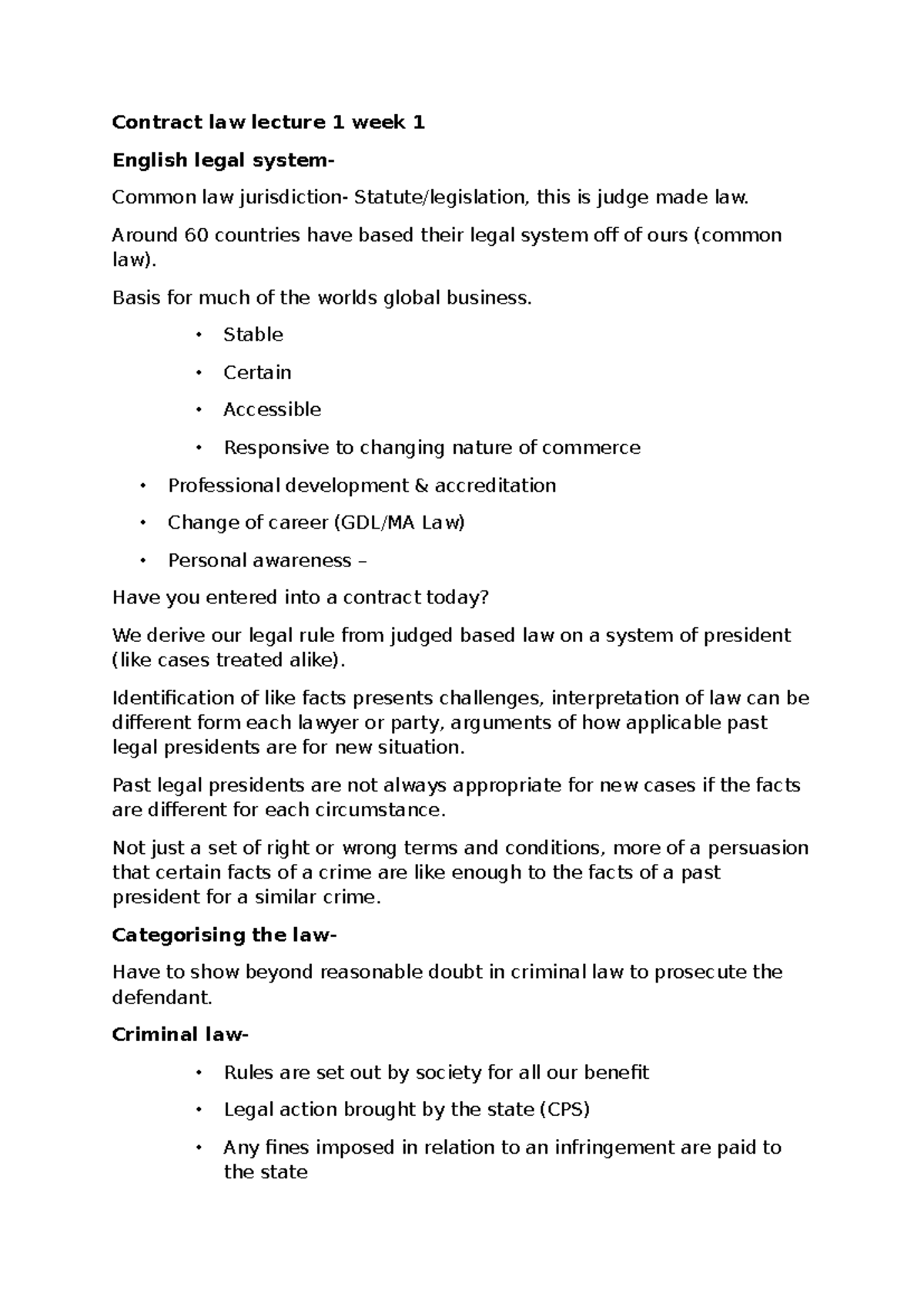 Collection of lecture notes - Contract law lecture 1 week 1 English ...
