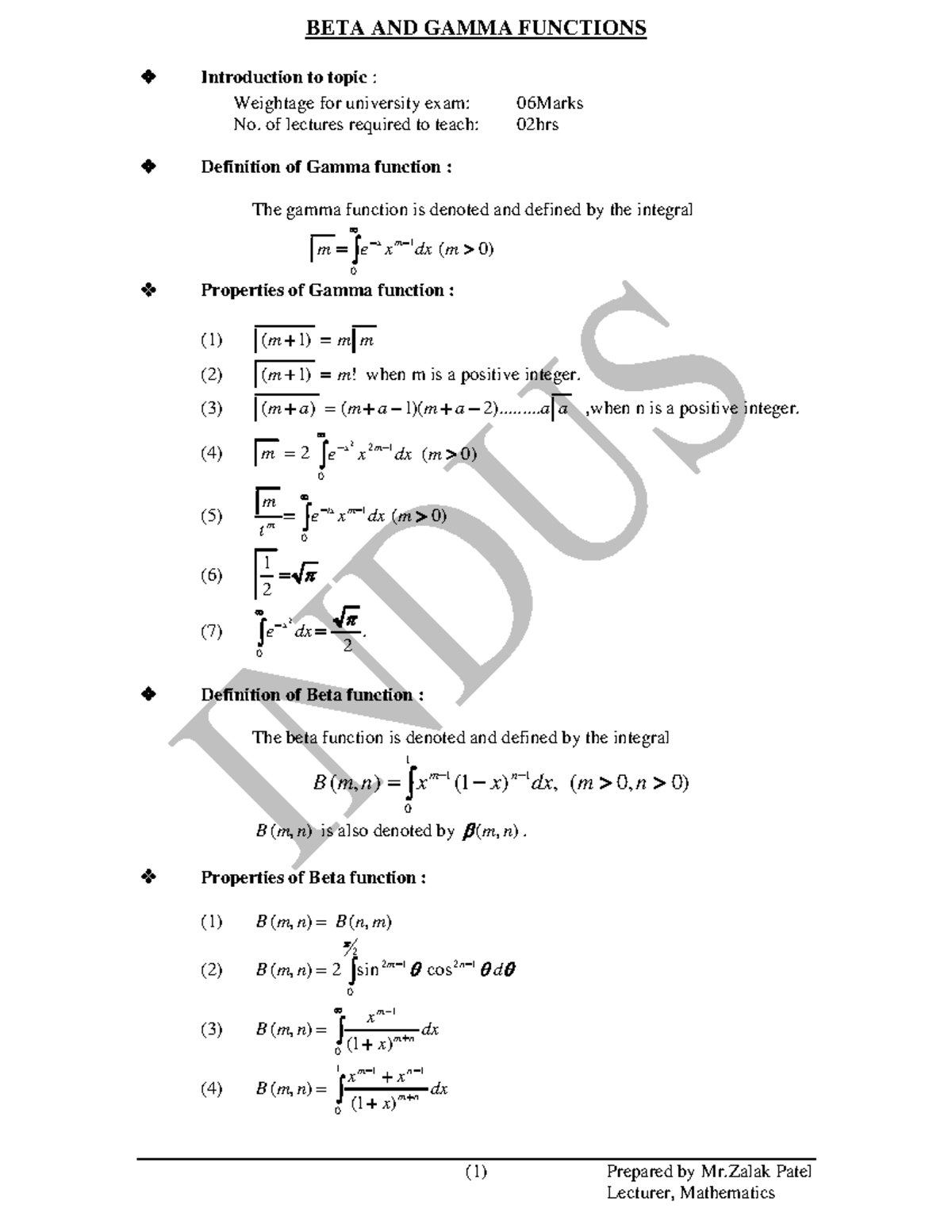 Beta and Gamma Functions: Key Concepts for Exam Preparation - Studocu
